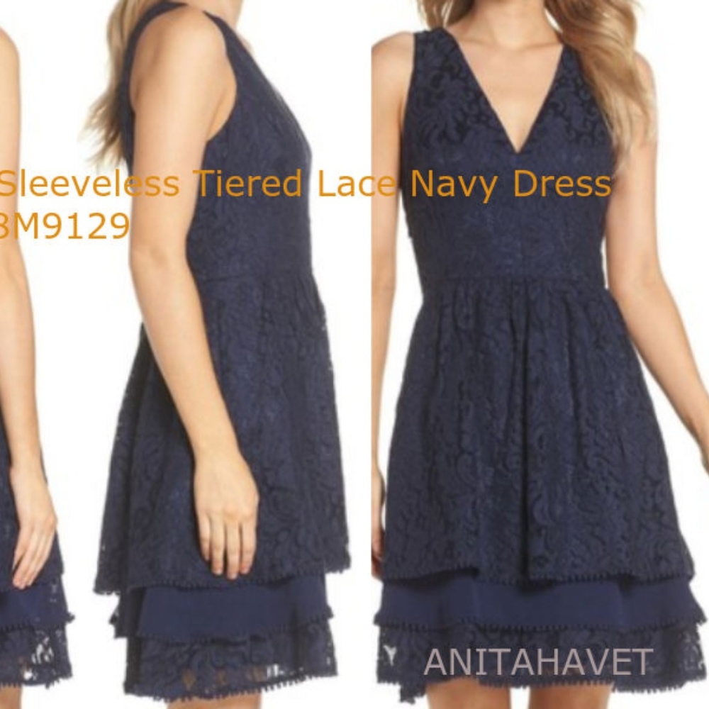 ELIZA J Sleeveless Tiered Lace Navy Dress Size 14